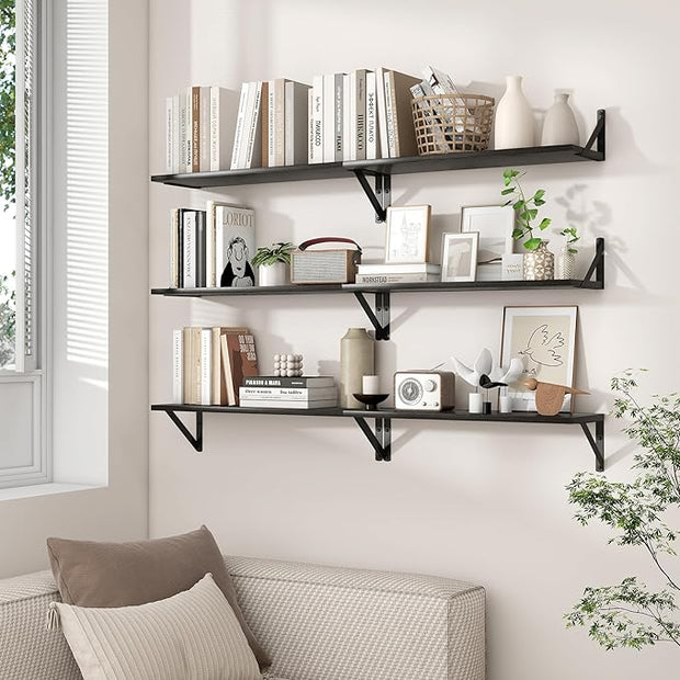 Axeman 55 Inch Floating Shelves | 8 Inch Deep Black Wall Shelves Set of 2 | 55" W x 8" D Rustic Black Wood Shelves for Bathroom Kitchen Living Room