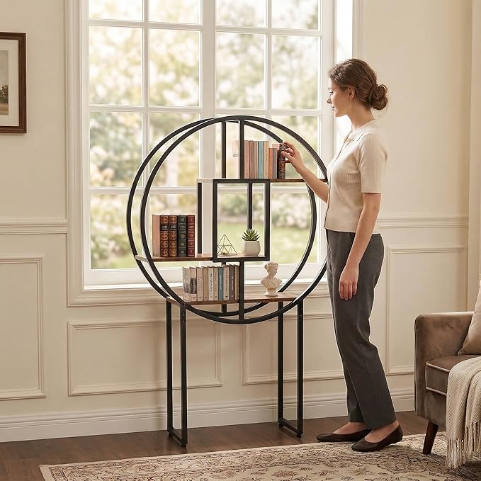 OFFICEROO Round Etagere Bookshelf 4ft 3in – Modern Asian Inspiration Circular Bookcase Shelf, Tall Circle Bookshelf & Round Shelf Standing for Living Room Display