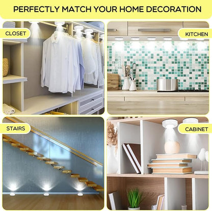 Macarrie 12 Pack Wireless LED Puck Lights, Under Cabinet Lighting, 70 Lumens Portable Touch Light, Stick on Battery Powered, for Kitchen Closets Cabinets Garage Bedroom Shelf(Classic Style)