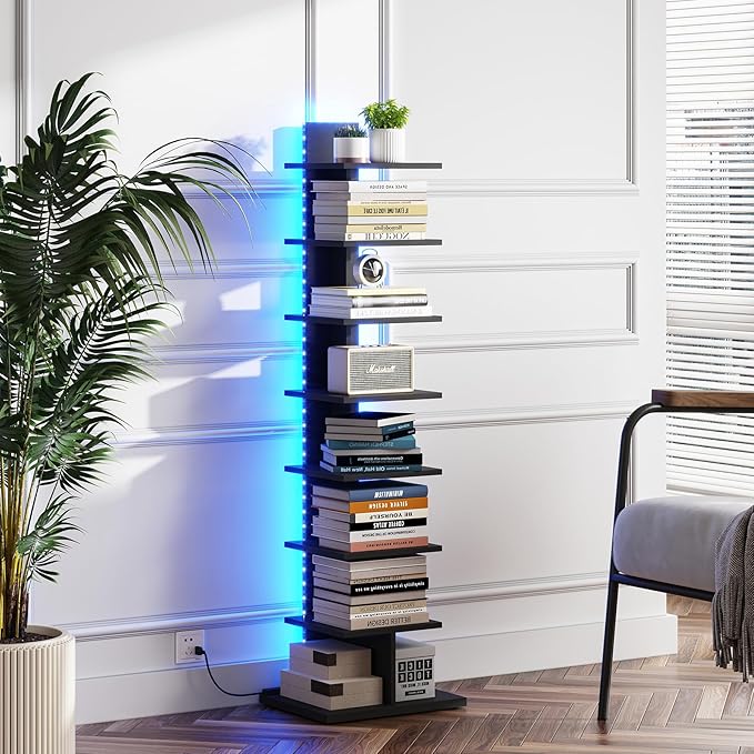 TUTOTAK Narrow Bookshelf, 8-Tier Bookcase with LED Lights, Spine Book Shelf for Small Space, Corner Standing Shelf for Living Room, Office, Study, Entryway, Black BS06BK008L