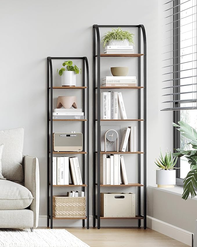 Bookshelf Narrow Bookcase, Tall Storage Rack with Steel Frame, Display Standing Shelf Unit, Skinny Book Shelf for Study Living Room Home Office, Industrial Style, 6-Tier Rustic Brown BC56401B