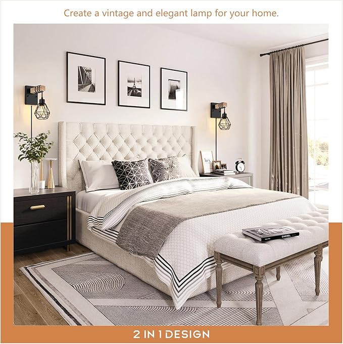 Plug in Wall Sconces Set of Two, Vintage Wood Wall Lamps with Plug in Cord, Farmhouse Wall Light Fixture with 5.25FT On/Off Switch Cord, Indoor Sconces Lighting for Bedroom Living Room
