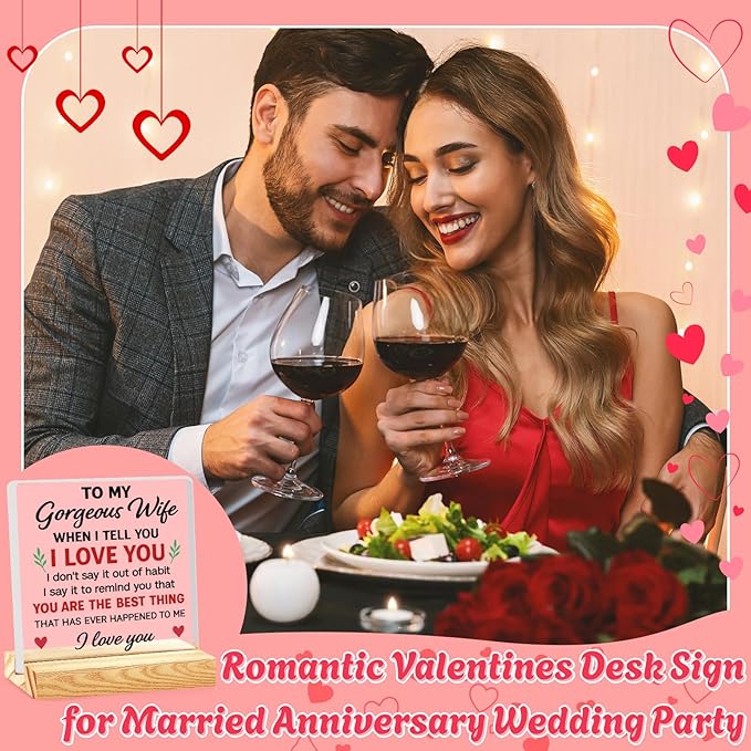 Valentines Desk Decor, Happy Valentine's Day Home Office Table Sign for Porch Tiered Tray Shelf Party, Rustic Romantic Acrylic Gifts Decorations for Him Her Wife, To My Gorgeous Wife
