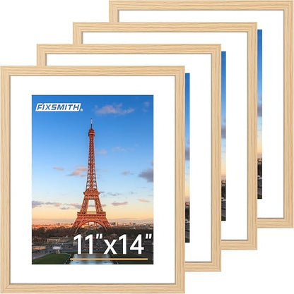 FIXSMITH 11x14 Picture Frame Bulk-4 Pack, Photo Frame with HD Plexiglass, Display Pictures 8x10 with Mat or 11x14 Without Mat, Natural Picture Frames Collage Wall Decor, Gallary Wall Frame