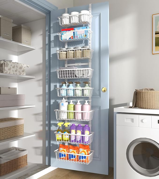 White 12 Inch Wide Narrow Over The Door Pantry Organizer, Pantry Organization and Storage, 8-Tier Metal Hanging Deep Basket Wall Spice Rack Seasoning Shelves, Home & Kitchen Essentials