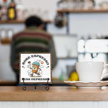 Coffee Bar Decor, Farmhouse Kitchen Table Decor, Coffee Station Accessories, Wooden Decorative Sign with Iron Stand for Table Desk Shelf Display-E25