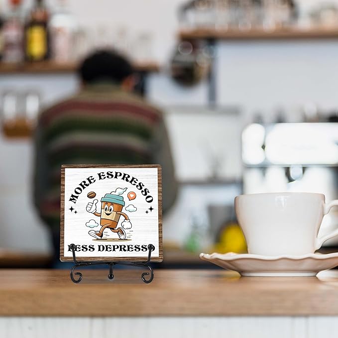Coffee Bar Decor, Farmhouse Kitchen Table Decor, Coffee Station Accessories, Wooden Decorative Sign with Iron Stand for Table Desk Shelf Display-E25