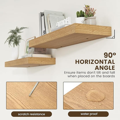 Deep Floating Shelves | 36 Inch Oak Floating Shelves Set of 2 | 12 Inch Deep Rustic Wood Shelves for Wall | 36" W x 12" D Oak Shelves for Living Room Bathroom Laundry Room Kitchen