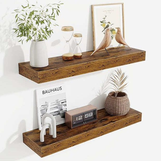 Fun Memories Floating Shelves Set of 2, 24 Inch Floating Shelves for Wall, Wood Wall Shelves with Invisible Brackets, for Bathroom, Bedroom, Living Room, Kitchen, Rustic Brown
