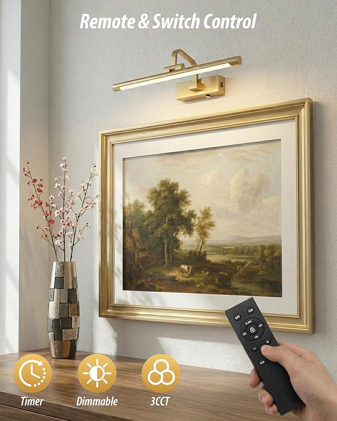 URSOLA 16“ Picture Lights for Wall, Brass Battery Operated Picture Frame Light, Dimmable LED Light Over Picture Frame with 3 CCT, Display for Gallery, Living Room, Bedroom, Hallway