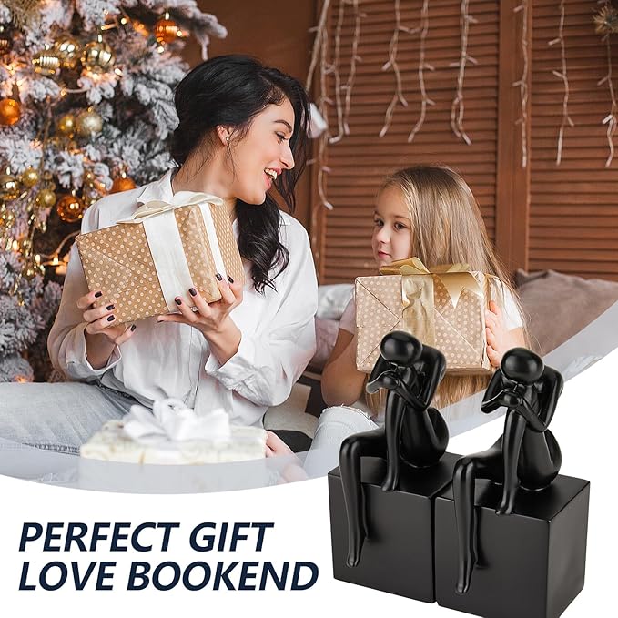 Black Book Ends Decorative, Girl Thinker Design, Modern Bookends for Shelves, Non-Skid Heavy Duty Resin Book Stopper for Books,Bookends with Base, Resin, 1Pair/2Piece
