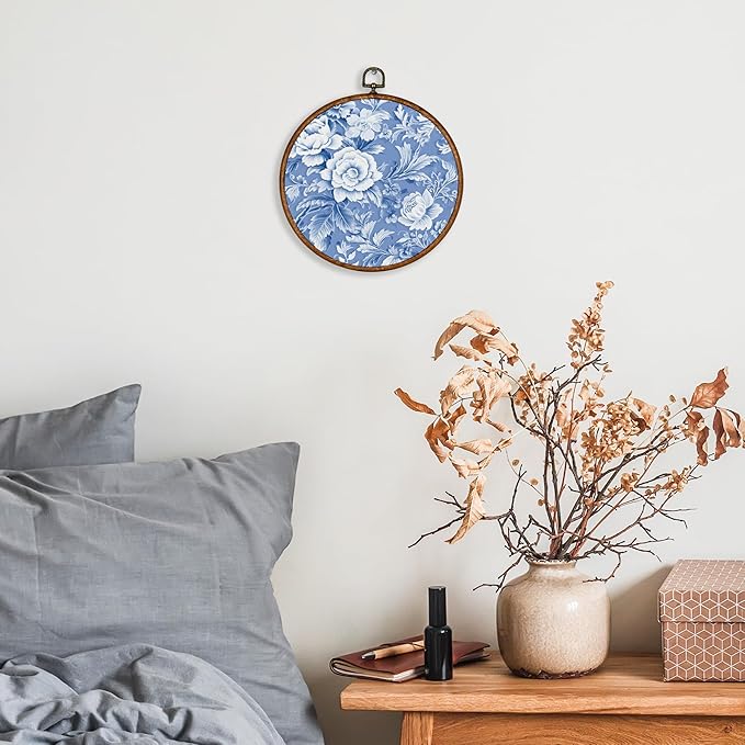 KSDUT Aesthetic Blue Flower Retro Wall Art Decor - Botanical Neutral Mid Century Modern Wall Art Canvas Frame Hanging Prints, Vintage Landscape Round Wall Art Decor for Home Decorations 10"x10"