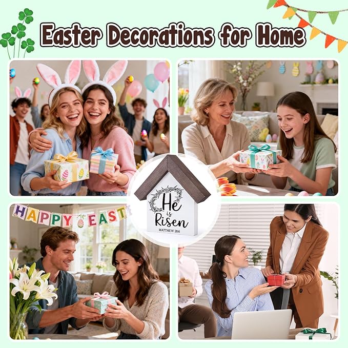 MBL Christian Easter Decor Decorations - Wood He Is Risen Sign Bible Verse Religious Easter Basket Stuffers Essentials Rustic Table Home Living Room Bedroom Shelf Tiered Tray for Women Men Teen Adults