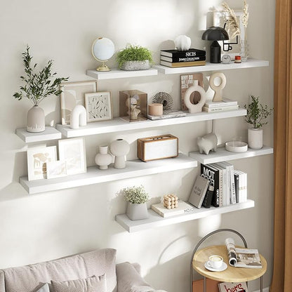 48 Inch Floating Shelves for Wall Set of 2, 8"D Wood Grain Bathroom Shelves with Invisible Brackets, Easy Install Engineered Wood Storage Shelves for Kitchen, Living Room, Bedroom, White Finish