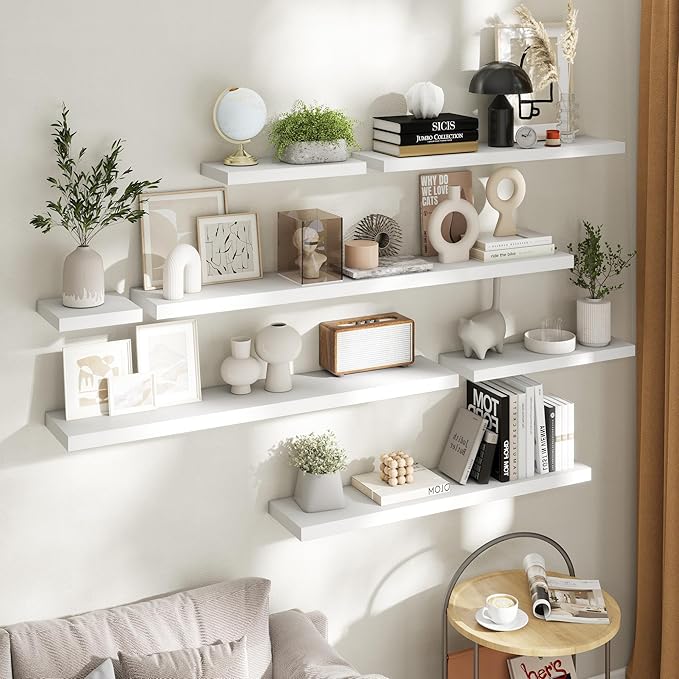 16 Inch Floating Shelves for Wall Set of 2, 8"D Wood Grain Bathroom Shelves with Invisible Brackets, Easy Install Engineered Wood Storage Shelves for Kitchen, Living Room, Bedroom, White Finish