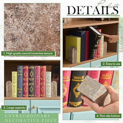 2 Pcs Travertine Natural Marble Bookends for Shelves, Decorative Book Ends Solid Bookends Heavy Duty Book Holders, Bookshelf Decor for Home Study Bathroom Kitchen Cd Video Games (Grey)