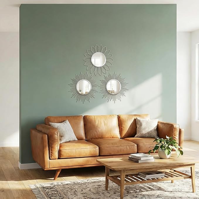 Boho Sunburst Wall Mirror Set of 3, 12 Inch Round Antique & Modern Metal Wall Art, Hanging Over The Door Mirrors for Wall Decor in Living Room, Bedroom, Bathroom, Entryway（Sliver）