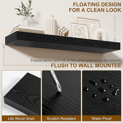 Fun Memories 66 Inch Fireplace Mantel - Long Floating Shelf, Wall Mounted Farmhouse Display with Invisible Heavy Duty Metal Bracket, Black, 2 Pack