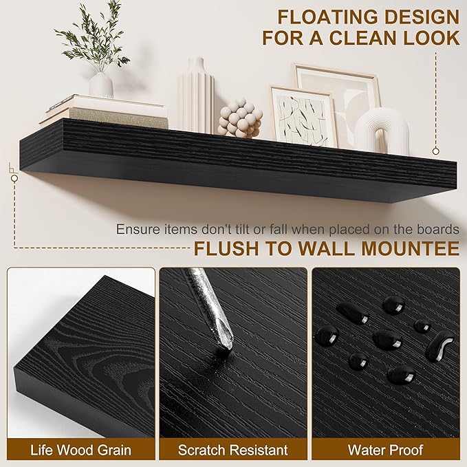 Fun Memories Floating Shelves for Wall, 24Inch Floating Shelves Set of 2, Hanging Shelf with Invisible Brackets, Wood Shelves for Living Room, Bedroom, Kitchen, Black