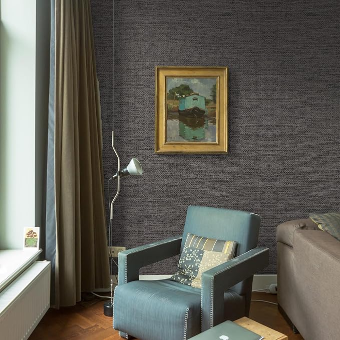 WADILE Grasscloth Peel and Stick Wallpaper 15.7in x 78.7in, Textured Contact Paper for Cabinets, Faux Linen Wall Paper Pull and Stick, Fabric Vinyl Wallpaper Self Adhesive Brown Gray