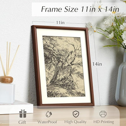 InSimSea Brown Framed Oak Tree Wall Art, Vintage Farmhouse Cottage Landscape Sketch Painting decor for Living Room Library Hallway Shelf,11x14in, with Acrylic Panel, Canvas Prints Picture