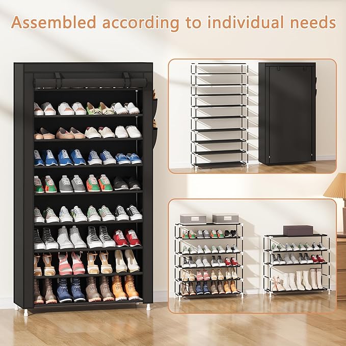 Laiensia 9-Tier Vertical Shoe Rack Organizer, Space Saving Shoe Storage Organizer, Non-Woven Cover Shoe Shelf Holds 36-45 Pairs for Bedroom, Hallway, Closet Entryway, Black