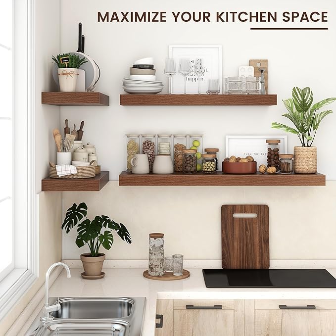 Floating Shelves for Wall, 36" W x 12" D x 2" H, 2 Pack of Long Wall Mounted Engineered Wood Shelves with Invisible Brackets for Living Room, Bedroom, Bathroom, Kitchen Decor, Walnut