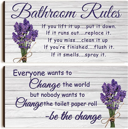 Jetec 2 Pieces Funny Bathroom Signs Bathroom Wall Decor Toilet Wall Accessories Farmhouse Toilet Rustic Wooden Signs, 12x6 Inch(Lavender Style)