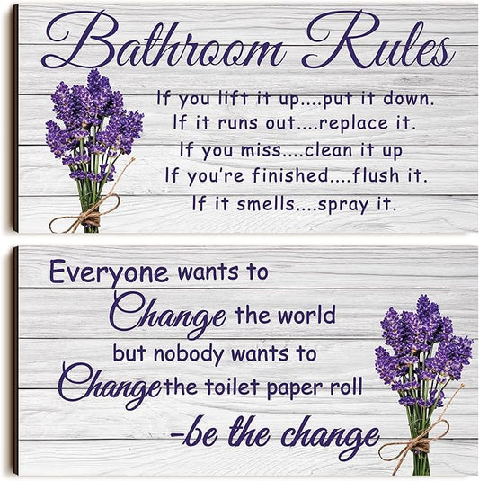 Jetec 2 Pieces Funny Bathroom Signs Bathroom Wall Decor Toilet Wall Accessories Farmhouse Toilet Rustic Wooden Signs, 12x6 Inch(Lavender Style)