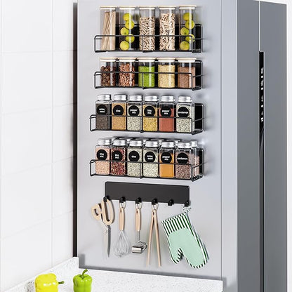 5-Pack Moveable Magnetic Spice Rack Organizer With 6 Hooks for Refrigerator, Metal Fridge Shelf, Black