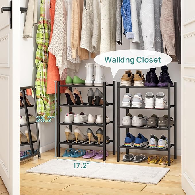 Black Small Shoe Rack for Entryway, 4-Tier Bamboo Shoe Organizer for Hallway Closet, Free Standing Shoe Racks for Indoor Outdoor