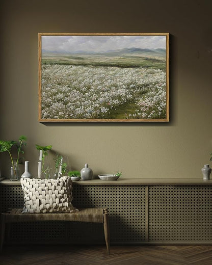 SHENIFY 24x36in Large Vintage Landscape Framed Canvas Wall Art Countryside Flower Field Classic Paintings Farmhouse Bathroom Office Decor - Natural Framed