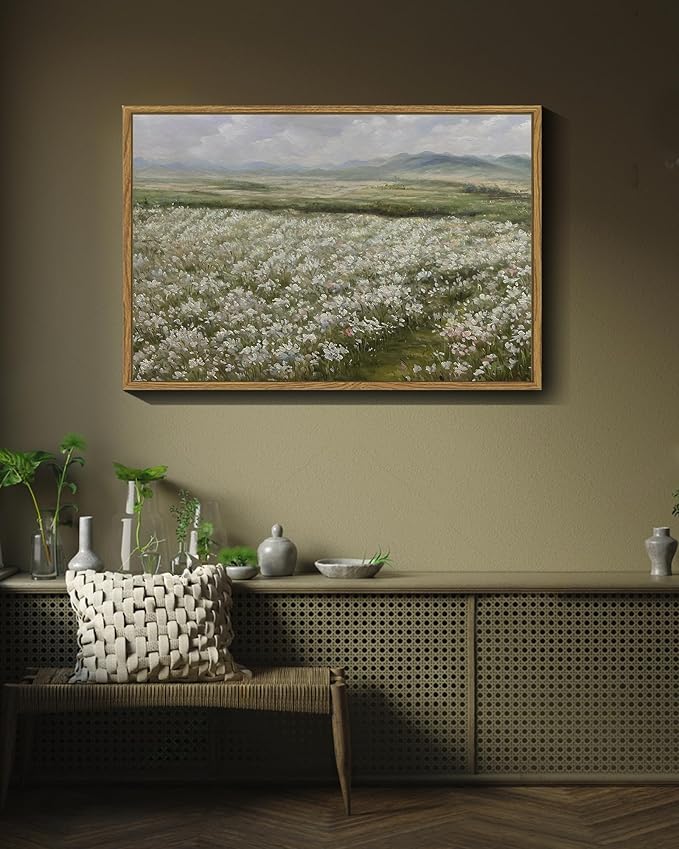 SHENIFY 24x36in Large Vintage Landscape Framed Canvas Wall Art Countryside Flower Field Classic Paintings Farmhouse Bathroom Office Decor - Natural Framed