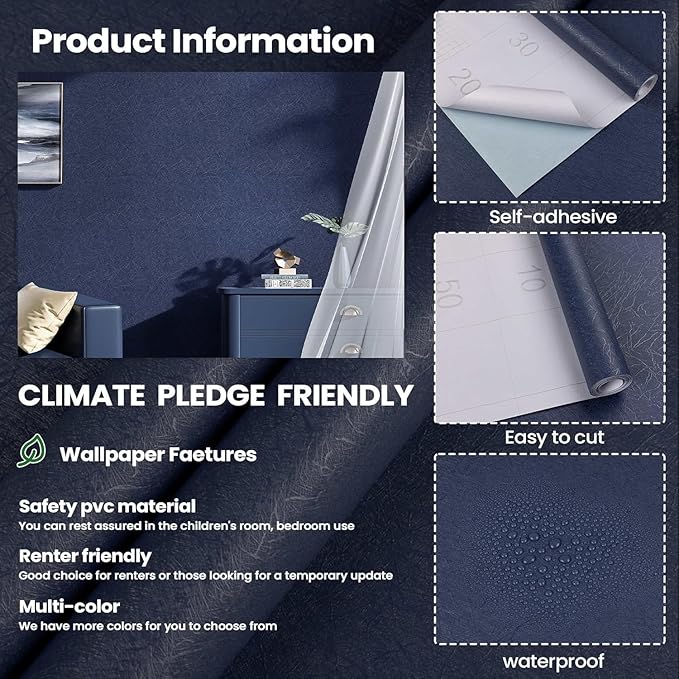 Dark Blue Peel and Stick Wallpaper - Removable Waterproof Self Adhesive Contact Paper - Silk Boys Wall Covering Poster Board - Kitchen Countertop Vinyl Wrap for Bathroom Cabinet 15.7