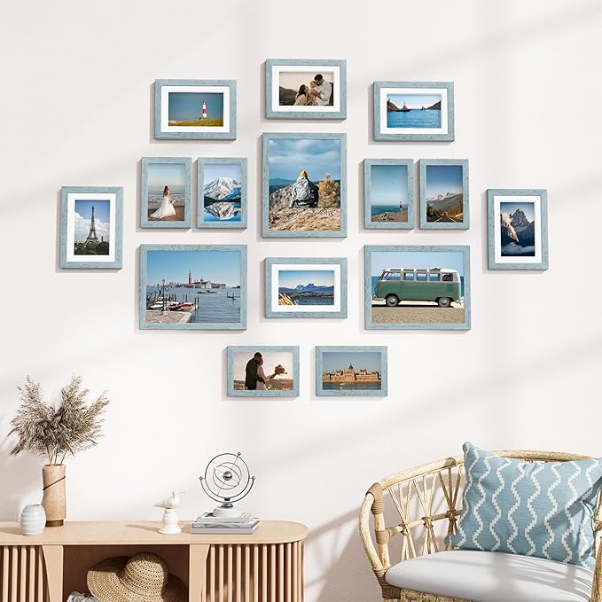 Vittanly 15 Pack Picture Frames Collage Wall Decor for Mounting or Tabletop Display, Gallery Frame Set for Family, Multi Sizes Including 3pcs 8x10, 6pcs 5x7, 6pcs 4x6, Rustic Blue
