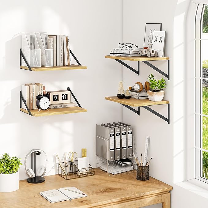 Heimlove 12 Inch Deep Floating Shelves for Wall, 16W x 12D Wide Floating Shelves Heavy Duty Wall Mounted Shelves, Wood Shelves for Living Room Bedroom Bathroom Kitchen- Set of 4