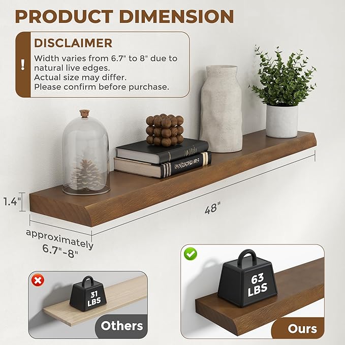 RICHFOCUS Floating Shelves for Wall 48 Inch Solid USA-Sourced Oak Wooden Shelves for Bathroom Kitchen 9" Deep Modern Wood Shelf with Heavy-Duty Bracket for Wall Mounted, Walnut Finish