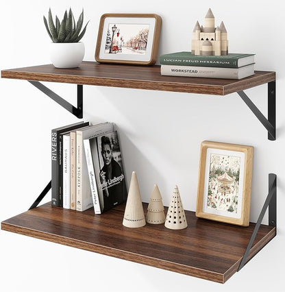 Deep Floating Shelves Wall Mounted, 24"x12" Walnut Wall Shelves with Brackets Set of 2 for Bedroom, Living Room, Bathroom, Kitchen, Office - Storage & Display Shelf for Decor, Books, Plants