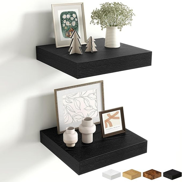 Fun Memories Floating Shelves for Wall 10 Inch, 10 Inch Deep Square Wall Shelves, Bathroom Storage Shelves Over Toilet, Wood Floating Shelves for Living Room Bedroom, Black, Set of 2