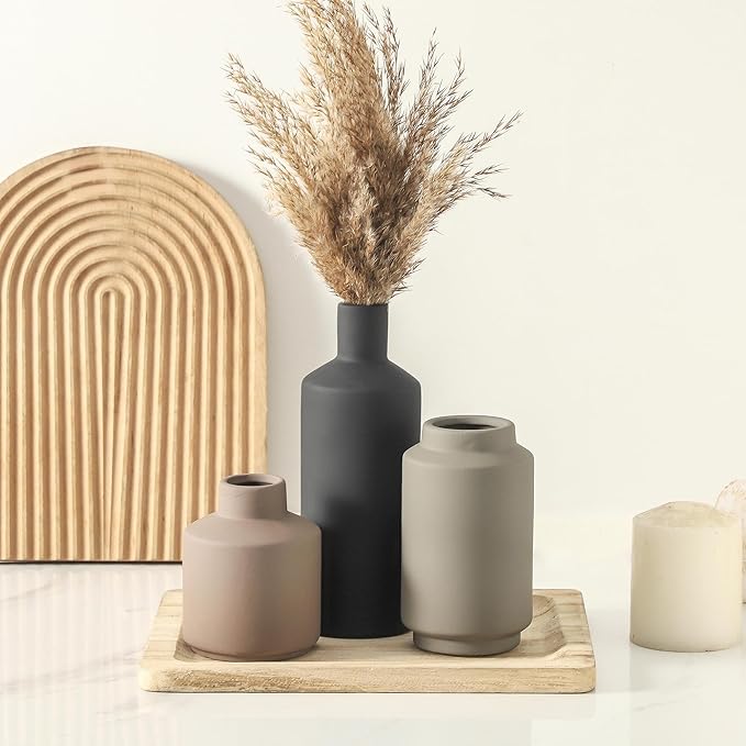 Ceramic Vase Set of 3, Modern Farmhouse Boho Table Centerpiece Vases, Small Flower Pottery for Coffee Bar Shelf Bookshelf Living Room Kitchen Decor, Rustic Home Decor Accents