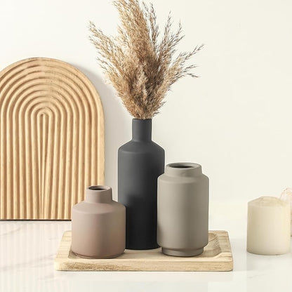 Ceramic Vase Set of 3, Modern Farmhouse Boho Table Centerpiece Vases, Small Flower Pottery for Coffee Bar Shelf Bookshelf Living Room Kitchen Decor, Rustic Home Decor Accents