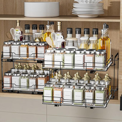 2-Tier Pull Out Spice Rack, Spice Rack Organizer, Pull Out Spice Racks for Inside Cabinets, Height Adjustable Heavy Duty Metal Basket for Inside Cabinet & Pantry (13.5''Wx10.5''Dx9.5''H)