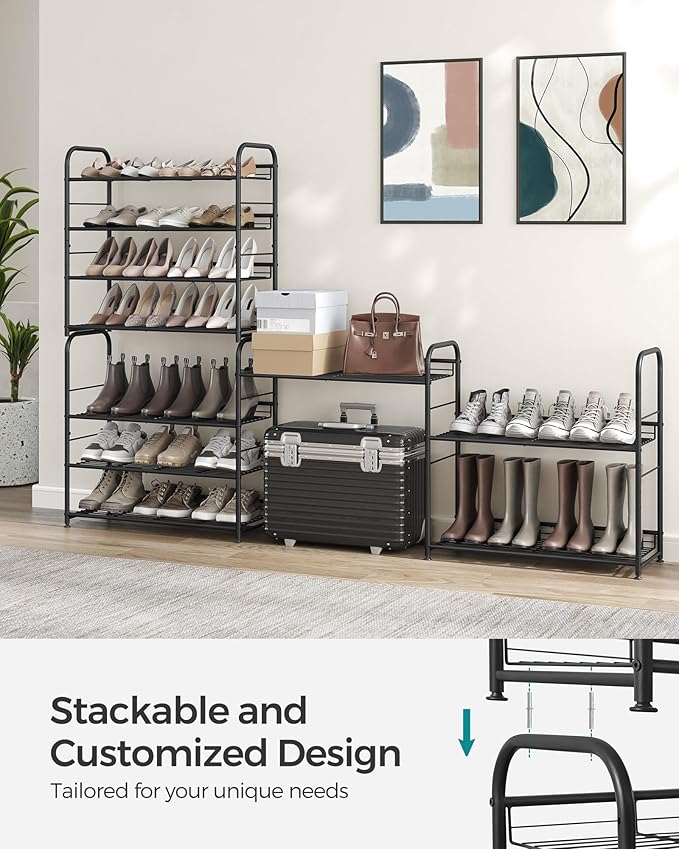 SONGMICS Stackable Shoe Rack, 4 Tier Metal Shoes Rack Storage Shelf, Holds up to 16 Pairs Shoes, Adjustable Slanted Shelves Shoe Tower Organizer for Closet Entryway Small Spaces, Black