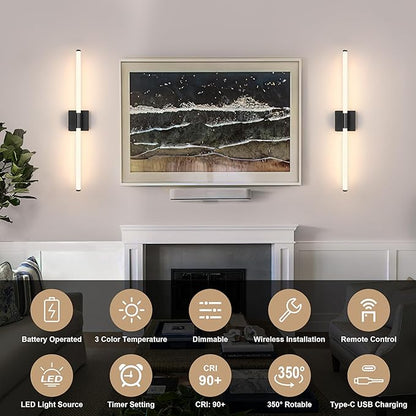 Battery Operated Wall Sconces Set of 2, Rechargeable Battery Wall Sconce with Remote, Dimmable 3 Color LED Wireless Wall Lights, 360° Full Lighting, Timer & Memory Function, 24" Black