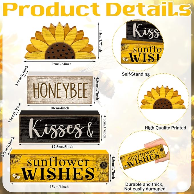 4 Pcs Summer Table Decor Wooden Sunflower Tiered Tray Decor Rustic Farmhouse Yellow Block Signs Gifts Summer Tabletop Centerpieces for Home Kitchen Coffee Bar Decorations