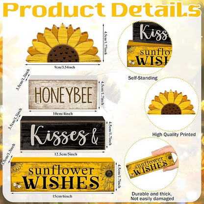 4 Pcs Summer Table Decor Wooden Sunflower Tiered Tray Decor Rustic Farmhouse Yellow Block Signs Gifts Summer Tabletop Centerpieces for Home Kitchen Coffee Bar Decorations