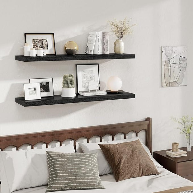 Fun Memories 12 Deep Floating Shelves for Wall, 48W x 12D Extra Large Floating Shelves Set of 2, Hanging Wood Wall Shelves for Living Room, Kitchen, Bedroom, Farmhouse, Laundry Room, Office - Black