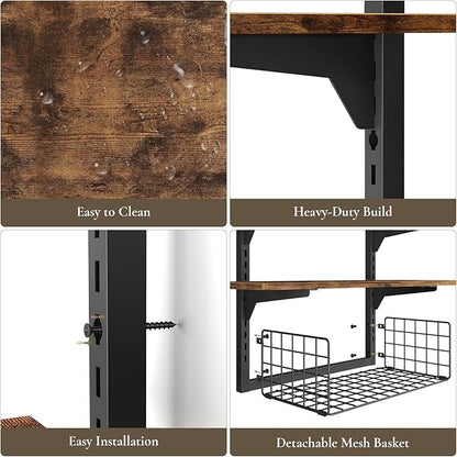 3 Tier Floating Shelf with Storage Baskets, Wall Mounted Bathroom Shelves Over Toilet, Wood Wall Shelves for Kitchen, Bedroom, Living Room, Home Organization and Decor, Rustic Brown