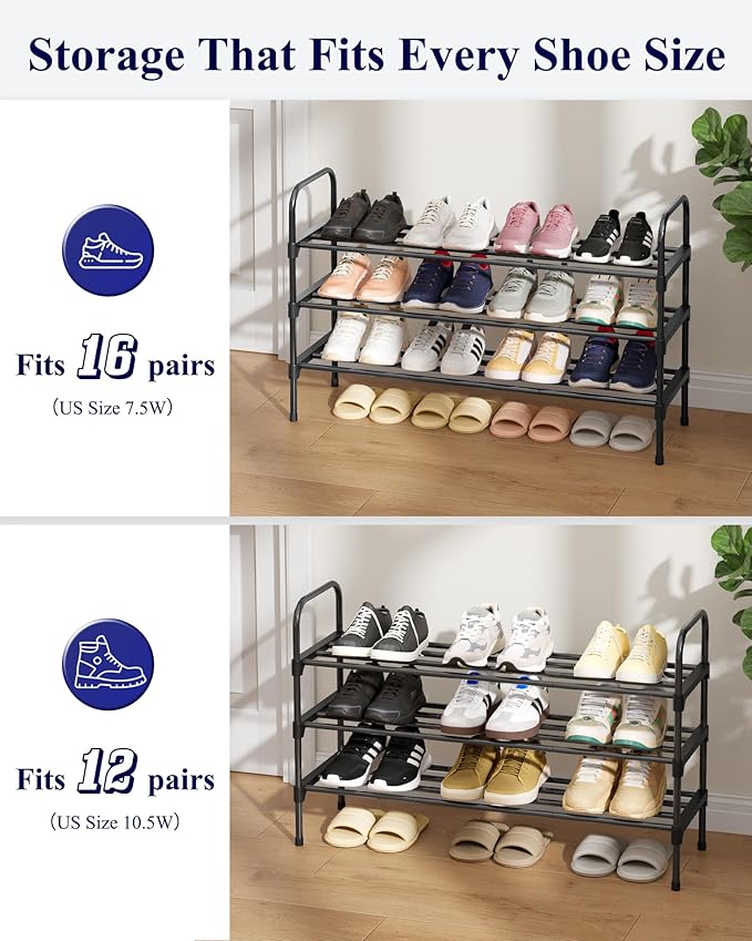 Kitsure Shoe Rack - 3-Tier Space-Saving Shoe Organizer & Shoe Shelf with Handle, Easy Assembly, Sturdy Metal Shoe Rack for Closet, Entryway, Bedroom, 28.0