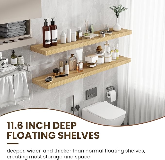 55 Inch Floating Shelves, 12 Inch Deep Floating Shelves for Wall, Floating Shelf with Invisible Brackets, Deep Shelves for Bathroom, Bedroom, Living Room, 1 Pack, Natural